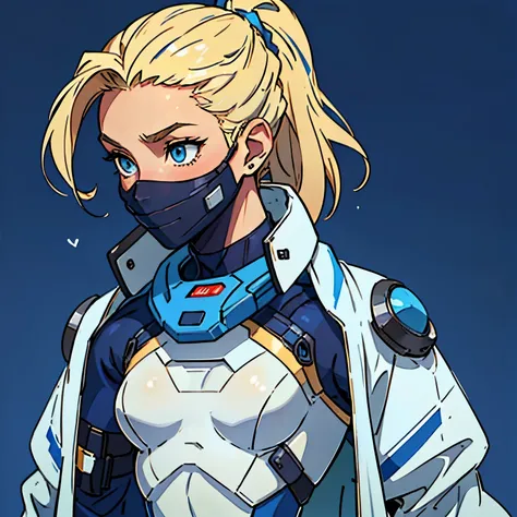 (blonde teenager), 18 years old, blue eyes, (short golden hair), (hair tied back), small breasts. She wears a white sci-fi suit with blue jacket, she wears cleavage on her blous, (simple background)