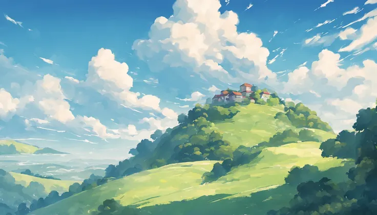 Blue sky, cloud, wind, hillside, grass, sky takes more than 70% of the picture space, peaceful atmosphere, soft-tone background, inspired by Ghibli