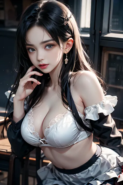 ( Female student standing in the classroom)，Charming eyes，Heartwarming action，Turn your face away from the camera，stooped，Bend over，turn back，Look up at your head，thick and long black hair，Highly detailed body，Highly detailed face，best qualtiy、(P boobs iNK...