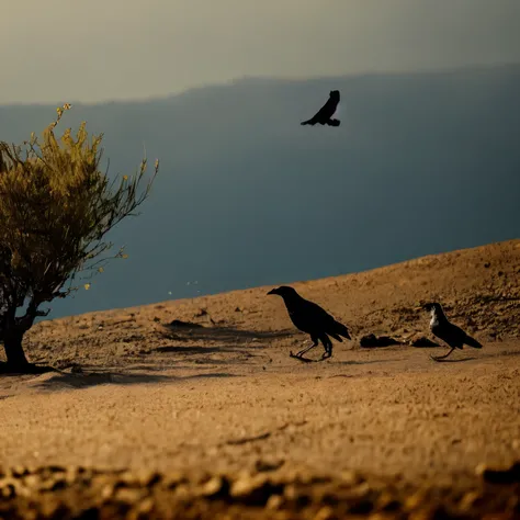 Two crows in a dead tree, Uma sombra em Forma de andador, Noite estrelada, Thick fog on the ground, Luz azul no horizonte, Motor Unreal 5, cinemactic, Low-angle photography, motion blur, proFundidade de campo, dust, Cobblestones and dirt. arte splash, ping...