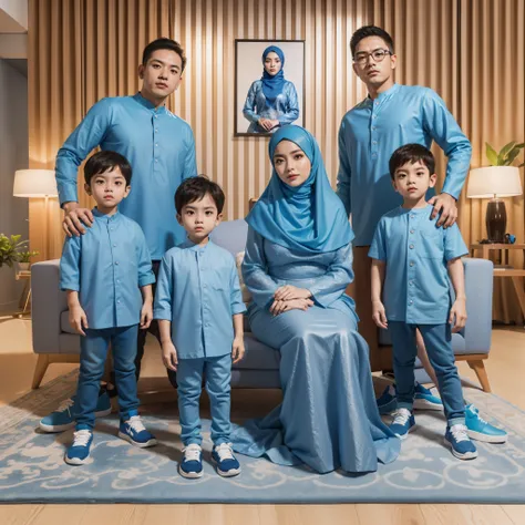 making a realistic 3D original photo, fathers family wearing blue t-shirts and sneakers, mother wearing blue hijab kebaya, 2 boys wearing blue t-shirts and sneakers, facing the camera, luxury modern wedding background, 4D, realistic, real, close up photogr...