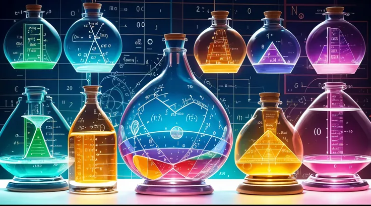 physic equations on top right, chemistry on top left and math bottom, colourful figures photo