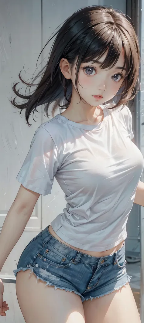 adorable girl . very kawaii , round face . solo , slim , medium breasts , short stature . glossy skin . plain white t-shirt . sh...