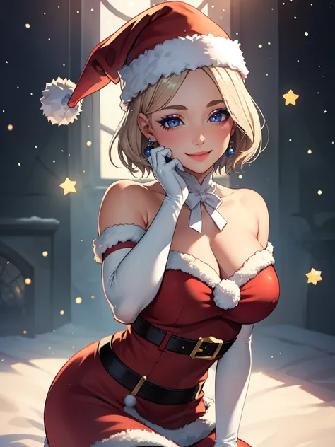 1girl, solo, masterpiece, best quality, high res, highly detailed, (illustration), beautiful detailed eyes, warMercedes, short hair ,glossy lips, makeup, smile, long white elbow gloves, cowboy shot, (santa), red santa dress, santa hat, strapless dress, whi...