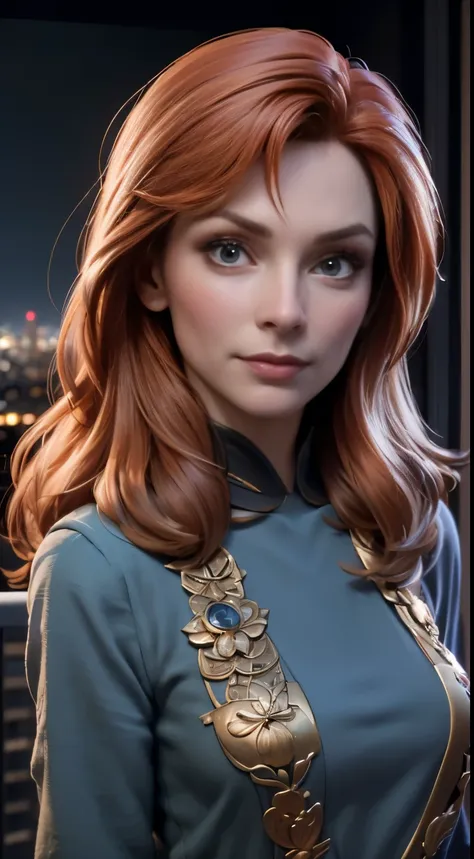 photo of Gates McFadden, RAW, beautiful woman, ((portrait)), ((detailed face:1.2)), ((detailed facial feature, detailed skin, clear skin), (perfect proportioned body), (wearing a colorful dress) (high detailed city environment, apartment balcony), (realist...