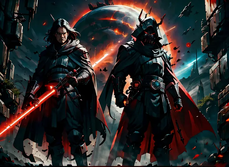 2 fierce evil sith warriors, 2 men, sith robes, red light sabers at the ready, red eyes, ready for war, space opera, massive space ships, traces of the force around the men, explosions rock the planet