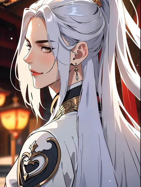 ffxianxiaff, 1boy, solo, long hair, male focus, jewelry, earrings, white hair, brown eyes, profile, from side, portrait, blurry, closed mouth, upper body, ponytail, light particles, gem, expressionless