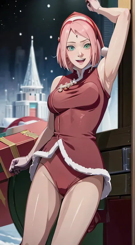 masterpiece,1girl sakura Haruno,Her big breasts_hair, gloves, black_gloves, fur_trim, hat, santa_costume, christmas, open_mouth, smile, bell, solo, red_headwear, pantyhose, Christmas city_background, santa_hat,