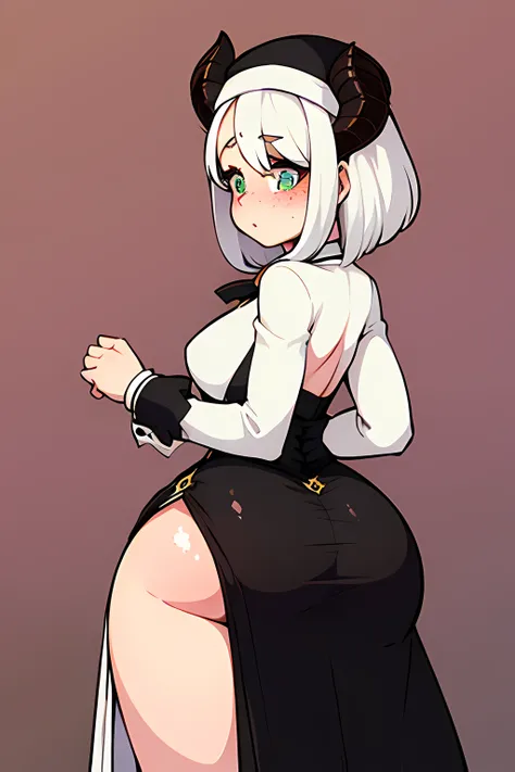 1ramgirl, short fluffy white hair, hair covers eye, ram horns, Victorian, freckles, big butt, nun, blushing, long skirt