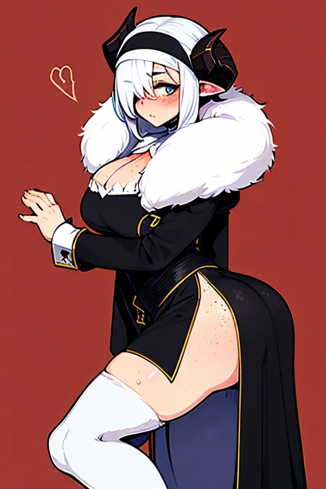 1ramgirl, short fluffy white hair, hair covers eye, ram horns, Victorian, freckles, big butt, nun, blushing, long skirt