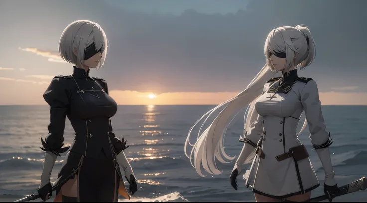 (extremely detailed CG unity 8k wallpaper), (masterpiece), (best quality), (ultra-detailed), (best illustration), (best shadow), (absurdres), 2b, 1girl, short hair, long ponytail, normal size boobs, white hair, blindfold solo, Intimidating women, admiral u...