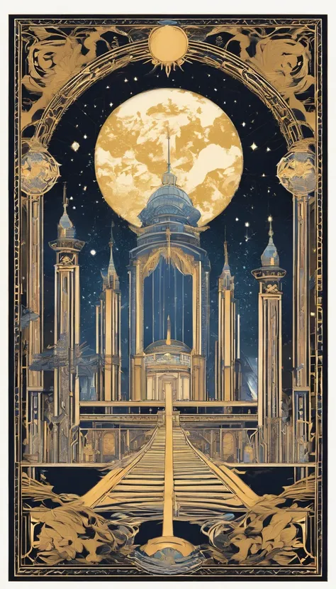 Tarot Cardsのようなイラスト,Illustration of a moon in the center of a building, Detailed painting inspired by William Mustert Lockhart, Anime Art Nouveau, magical realism, cosmic display, Tarot Cards, Moon God, palatial palace