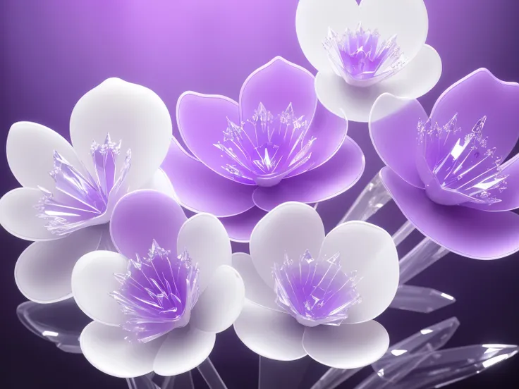 glass transparent flowers，Crystal textured flowers，white backgrounid，Extreme light and shadow，Ray traching，Be concise and clear，Flower stems clear，stem purple，Delicate linequisite curves