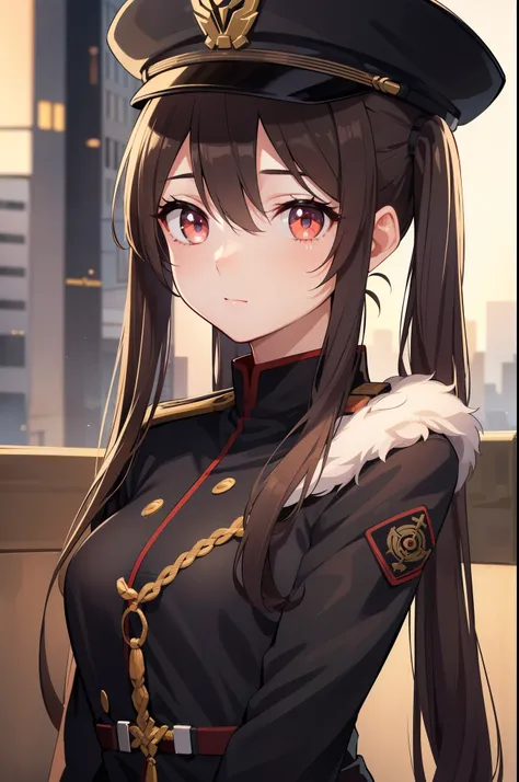 Hu Tao, hair between eyes, twintails, very long hair, red eyes, symbol-shaped pupils, brown hair, (small breast:1.2), ((black military uniform)), military cap, outdoors, city, looking at viewer, (masterpiece:1.2), best quality, high resolution, unity 8k wa...