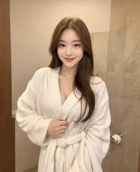 (Masterpiece, best resolution: 1.2), (brown eyes), seduction, smile, long brown hair, small breast, high-definition facial features, 8K, double eyelids, delicate facial feature, ((bathroom)), (white bathrobe), ((full body)), (body covered)