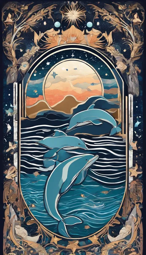 Under the sea,nigh sky, Star Moon, intergalactic,Close-up of a painting of two dolphins, space art, Dreamy art, sea pattern,whales, Beautiful Art, Magic Sea, Dreamy night, under the sea of stars, Anime Art Nouveau