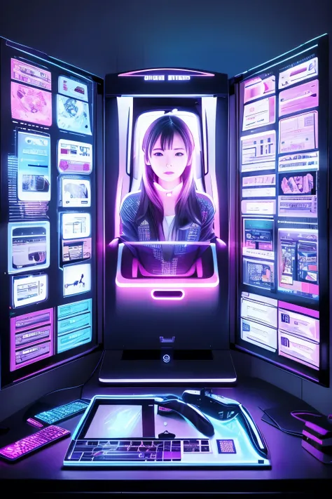 neonnoir、ai hologram、mirai、mother computer、cyberpunk room、latest server room、floating smartphone,  transparent screen,  holograp...