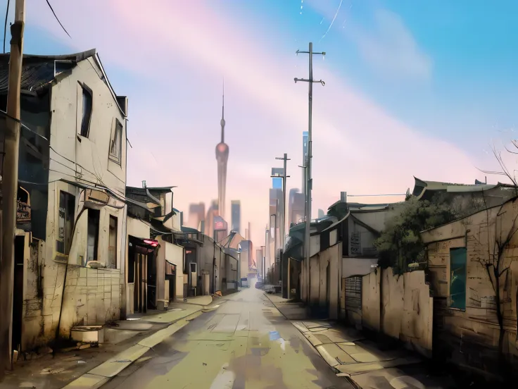 There is a picture of the street，There are high-rise buildings here, Dream Chinatown, streets background, city street view background, anime style cityscape, 肮脏的streets background, Street perspective, low details. digitial painting, by Shitao, author：Li Ti...