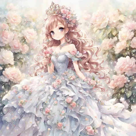 princess,(((Full body)))，tiara and bouquet，long-one-piece dress,big field background.Detailed Schneider Pastel Ink, soft and fantastic, Fluffy, (extremely fine and beautiful), (Perfect Detail)、(pastel color),Soft texture:1.2.(masutepiece, Best Quality), (f...