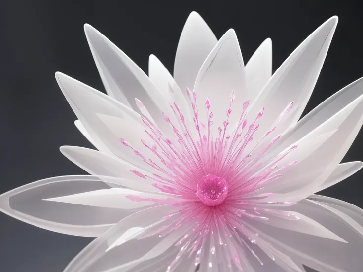 glass transparent flowers，Crystal textured flowers，white backgrounid，Extreme light and shadow，Ray traching，Be concise and clear，Flower stems clear，stem pink，Delicate linequisite curves