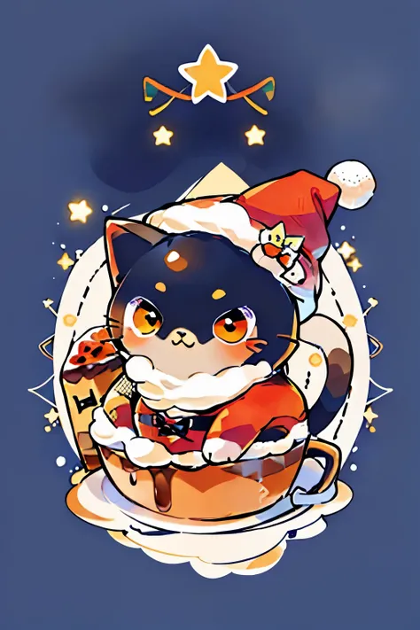 cute00d, Looking at Viewer,  Background, food, fruit, Cat, Dark blue Background, a cake,background pop、bright colour, food focus, Cat buried in ブルーベリー cake、yellow  eyes、sweets、Christmas、cat wearing santa hat、yuki