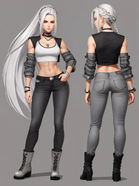 Character design sheet, same character, on front, from on the side, At the back. Tall European girl 23 years old with a toned physique. white colored hair, braided into a tail and closes one eye, and gray eyes. Black Top, dark gray jeans and high boots, Gr...