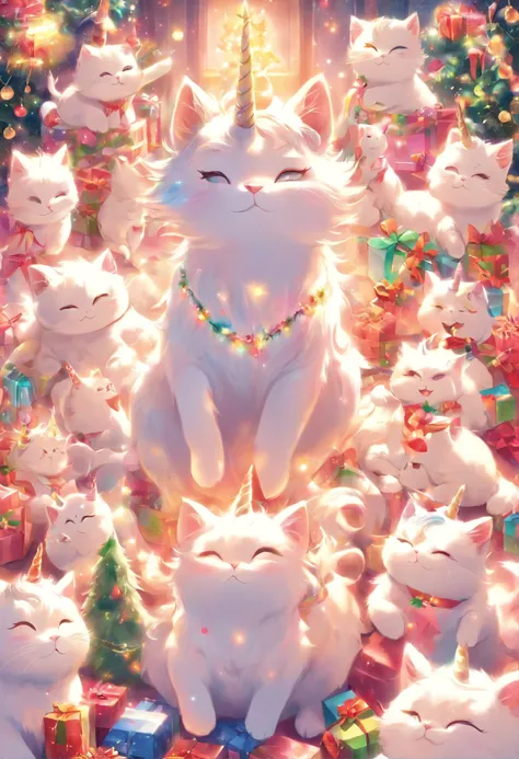 White Cat unicorn Christmas Party，a mother white cat unicorn and six kitten unicorn Christmas Party, Biology is correct