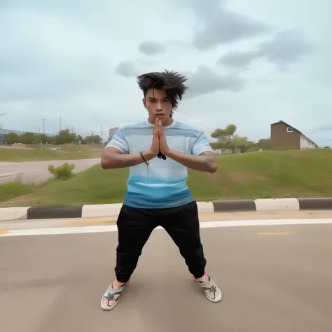 there is a young man standing on the street with his hands crossed, scary angry pose, very artistic pose, taken with sony alpha 9, standing in road, distorted pose, cool pose, intimidating pose, very cool pose, with a cool pose, stylish pose, fully body po...