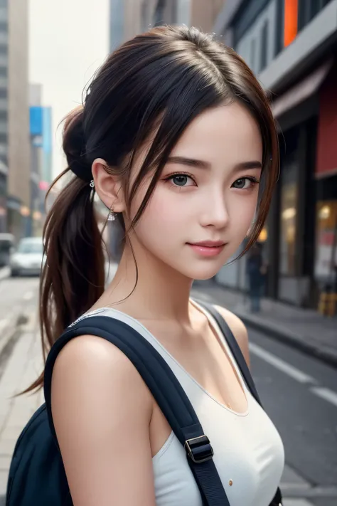 fashion style, masterpiece, best quality, 8k, artstation, sharp focus, (ultrarealistic:1.5), (high details:1.4), raw photo of a young woman, street smiling, backpack, ponytails, faded, complex stuff around, intricate background, soaking wet, (Cinematic:1.4...