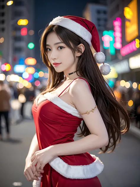 1 beautiful young girl, Super beautiful detailed face, shyly smile, (Slender body:1.2), (Dress up as Santa Claus:1.3), dark brown hair, Semi-long hair, (Fine face:1.2), conceptual art, High quality, Realistic, extremely detailed CG unified 8k wallpaper, Hi...