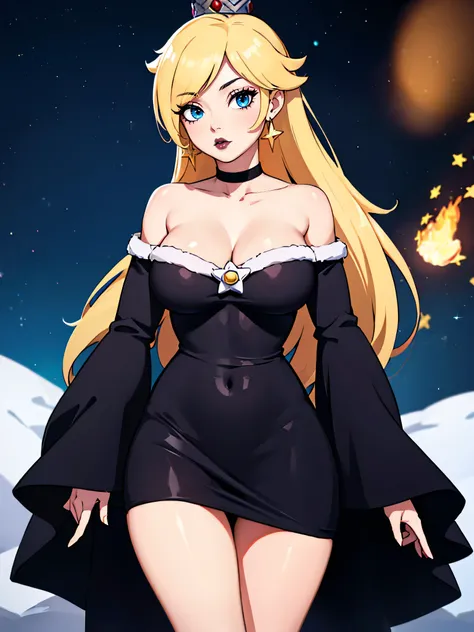 ((high detailed, best quality, 4k, masterpiece, hd:1.3)), ((best quality)), ((HD)), ((8k)), (ultraHD), log cabin, bonfire, Christmas Tree, X-Mas tree, Rosalina holding christmas gifts, BREAK blue eyes, seductive, attractive, smooth anime cg art, 36C breast...