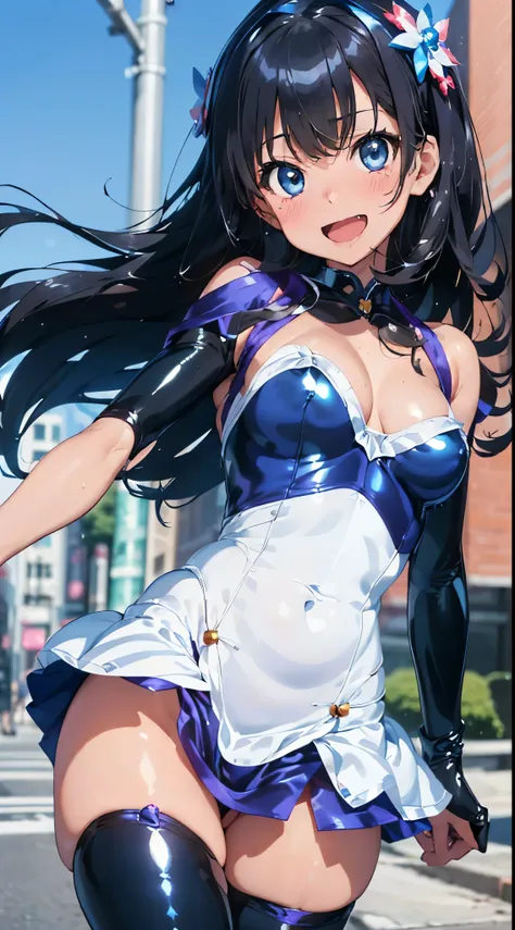 1womanl,Black hair,14years ,(()),Beautiful breasts,(((Sexy magical girl white and blue shiny bodysuit and microskirt)))(())(((Blushing cheeks、Smile with open mouth)),(((Satin Narico))),((( portlate))),we have blue eyelashes)))(Wet with sweat)Street,Crowds(...