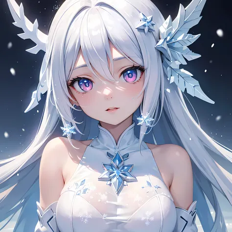 (masterpiece,best quality,ultra-detailed),1girl, large breast, glowing eyes,long hair,(((frost pretty girl))),beautiful and detailed face, detailed eyes,night,snow particles in the air,((frost theme)),((((frost theme)))),