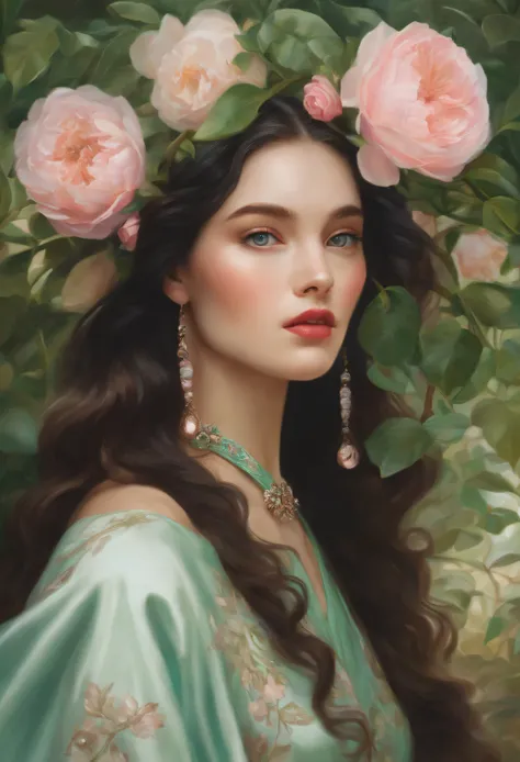 fashion magazine，ultrarealism oil painting，（red rose），Long hair cute，pink and emerald，Plant cover background，Artist Bruce Cheng&#39;s style，shinny hair，Denim lenses，artistic décor，Verism，blossom flower，Award-Awarded，blue colored eyes，porcelain white skin，c...