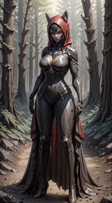 Red Riding Hood becoming the Big Bad Wolf, big breasts, frontal, full-length, looking at the camera, facing the audience, standing pose, forest background, three-dimensional light, detailed full-body concept, sleek digital concept art, beautiful full-body ...