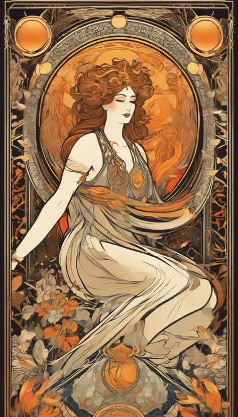 A beautiful illustration with a frame like a tarot card,goddess of fire, leo,astrology,Clouds on the background of the goddess, Beautiful illustrations inspired by Alphonse Mucha&#39;s zodiac signs,jugendstil, Stars and Moon in the Sky