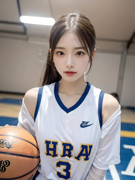 (Surreal)、(hight resolution)、(8K)、 (Very detailed)、(Ultra clear skin pores)、(top-quality、tmasterpiece:1.3)、Beautiful girl in basketball uniform、On the basketball court，Playing the Basketball，1womanl、Mid summer、（chiayi：1.5）， closeup cleavage， tmasterpiece， ...