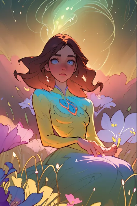 beautiful girl in a flowing dress, long flowing dark hair, beautiful girl sitting in a field of Flowers, Meadow landscape, Flower field background, Flowers, bright pastel colors, (Colorful), Magical lights, Sparkling Lines of Light, inspired Glen Keane, in...