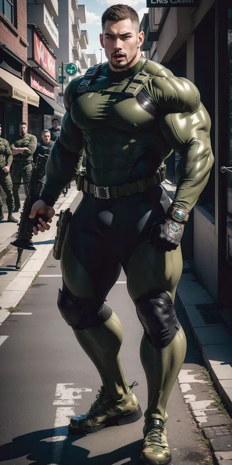 A tall, humongous large breast, Muscular man screaming with his mouth open.，Khaki camouflage uniform，character  design（Resident Evil - Chris Redfield，Chris Redfield）Wearing a khaki camouflage wetsuit，Matte texture，Regular symmetrical texture pattern，Standi...