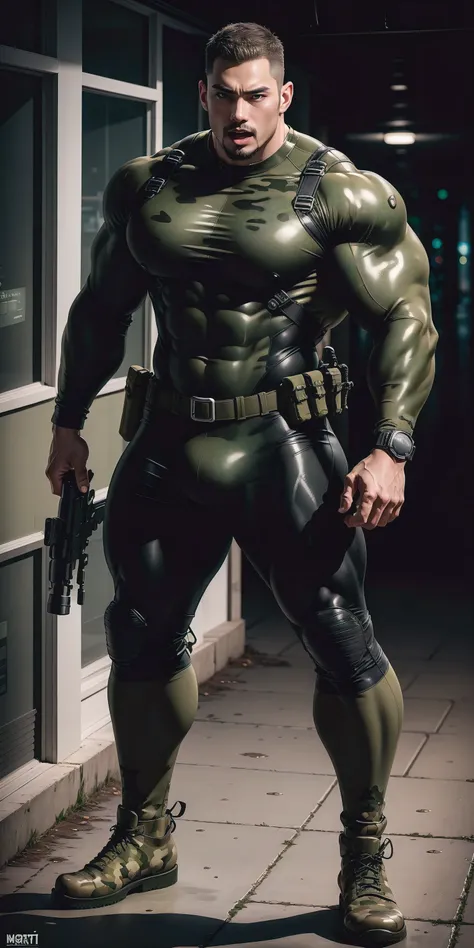 A tall, humongous large breast, Muscular man screaming with his mouth open.，Khaki camouflage uniform，character  design（Resident Evil - Chris Redfield，Chris Redfield）Wearing a khaki camouflage wetsuit，Matte texture，Regular symmetrical texture pattern，Standi...