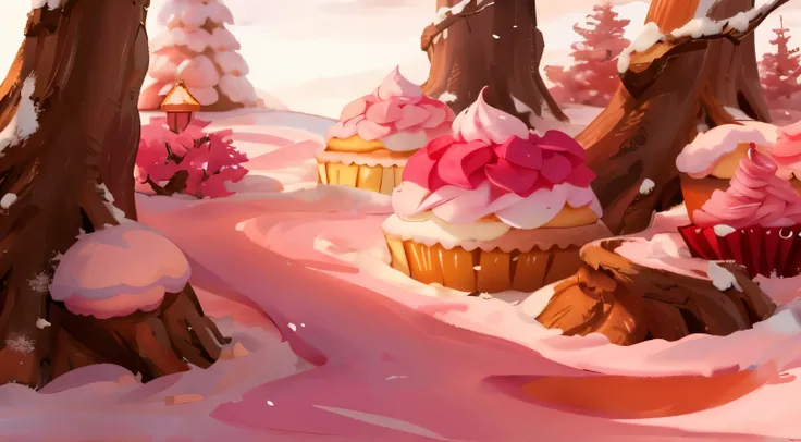 There are many cupcakes decorated with icing and trees..., Bosque de dulces, en un bosque de dulces! por la tarde, Fantasy painting，hermoso, hermoso render, topped with pink marzipan, Estilizado como un renderizado, Bosque rosado, hermoso! c4d, Renderizado...