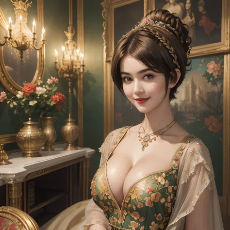 140
(a 20 yo woman,in the palace), (A hyper-realistic), (high-level image quality), ((beautiful hairstyle 46)), ((short-hair:1.46)), (kindly smile), (breasted:1.46), (lipsticks), (is wearing dress), (murky,wide,Luxurious room), (florals), (an oil painting、...