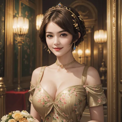 140
(a 20 yo woman,in the palace), (A hyper-realistic), (high-level image quality), ((beautiful hairstyle 46)), ((short-hair:1.46)), (kindly smile), (breasted:1.46), (lipsticks), (is wearing dress), (murky,wide,Luxurious room), (florals), (an oil painting、...