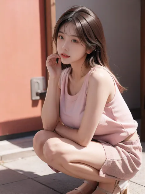 girl，Cute big breasts，double contact，Small pink vest，Lace，squatting pose，wearing short skirt，Public area display，The outline is clearly visible，Soft light and shadow，Clothing that exposes，pure，，Revealed