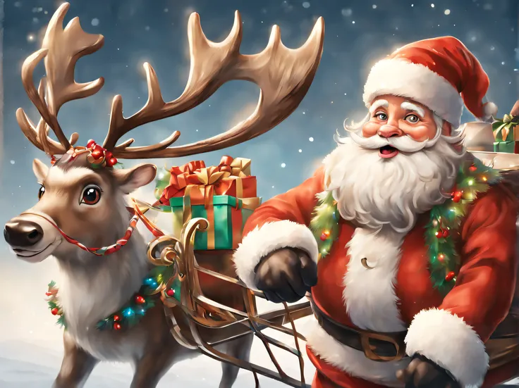 Reindeer pulling a sleigh, 2D Illustration, Reindeer pulling a sleigh, santa and gift box, Detailed face, (masutepiece), (Best Quality), (ultra high detail)