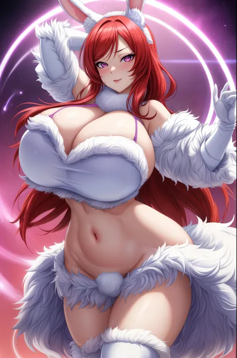 Masterpiece, sksmaki,sexy, sexy pose,facial details, detailed body part details, (gigantic breasts:1.3), (sexy stomach), detailed belly, midriff, big breasts,8k wallpaper, looking at viewer, nishikino maki, white fur shorts ,(white fur crop top), fur glove...