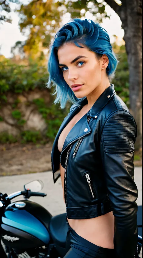 Photorealistic, Best Quality, hyper detailed ,better shadow, Photo of the whole body from the side, on a motorcycle, wearing a leather jacket, medium-sized bust, beautiful sexy fitness girl, 21 old years, young girl, blue eyes, symmetrical beautiful face, ...