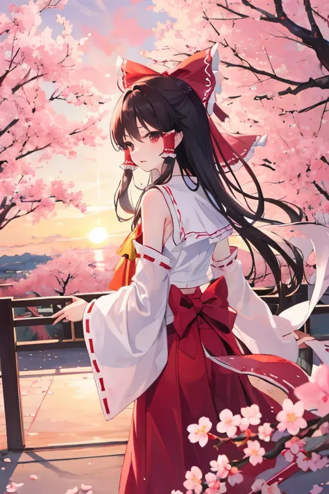 reimu hakurei, cherryblossom, spring, sunset, hands back