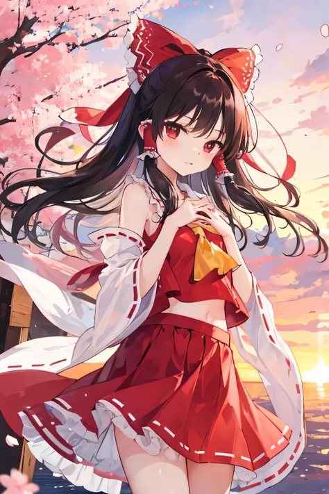 reimu hakurei, cherryblossom, spring, sunset, hands back