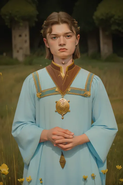 1141, Kingsbridge, England. otherworldly scene in a medieval village, near a meadow, ((((20-year-old)) Levi Miller)), with stubble, proposing for marriage, rejected ((sad and angry expression)), disappointment, ((((tunic from the 12th century)))), ((Hairst...